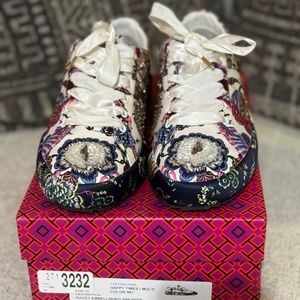 Tory Burch White Multicolor Embellished Floral Satin Sneakers